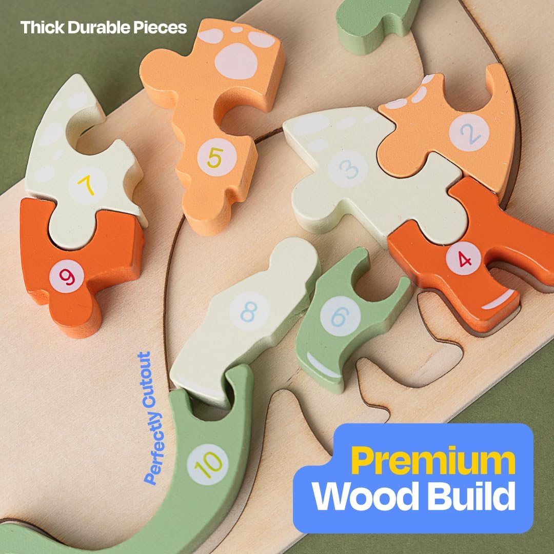 Playfully Montessori Dinosaur Puzzle for Toddlers, Wooden Educational Toy for Learning & Fine Motor Skills, Durable 10-Piece Puzzle for Toddlers