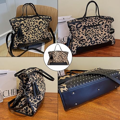 Cartera con estampado de leopardo para mujer, bolso tipo tote con tachuelas, estilo punk, bandolera, hobo con borla y remaches miniatura 6