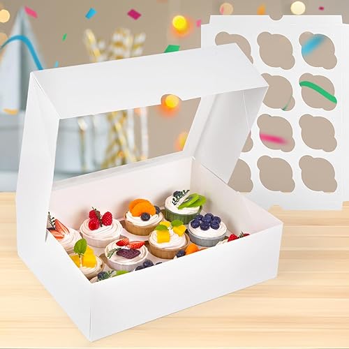 Miniatura 9 de VGOODALL 12 cajas para cupcakes, 6 soportes para cupcakes de Halloween con ventana, cajas de pastelería negras para cumpleaños, vacaciones, Negro
