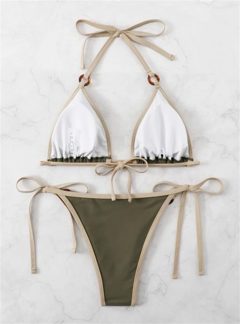 Women's Two-Piece Triangle Bikini Swimsuit, Army Green with White Trim Swimwear, Side-Tie Bottom Micro Bathing Suit PQ2322