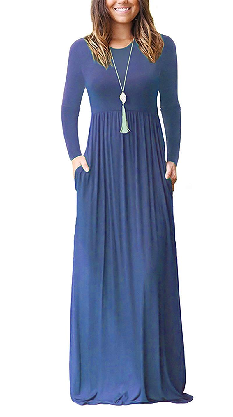 AUSELILY Women's Casual Long Sleeve Maxi Dress Loose Long Dresses with Pockets Beja Blue XXL
