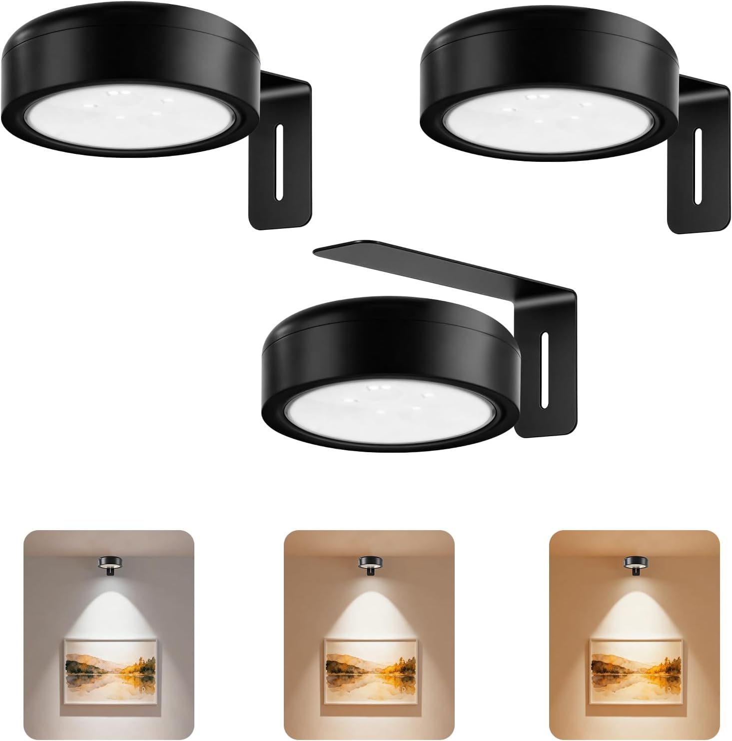 Picture Lights for Wall, Battery Powered Magnetic Lights with 3 Lighting Color Dimmable Timer Art,Poster,Gallery,Painting Display,Photos,Frame,Wall Light, Black (3 Pack)