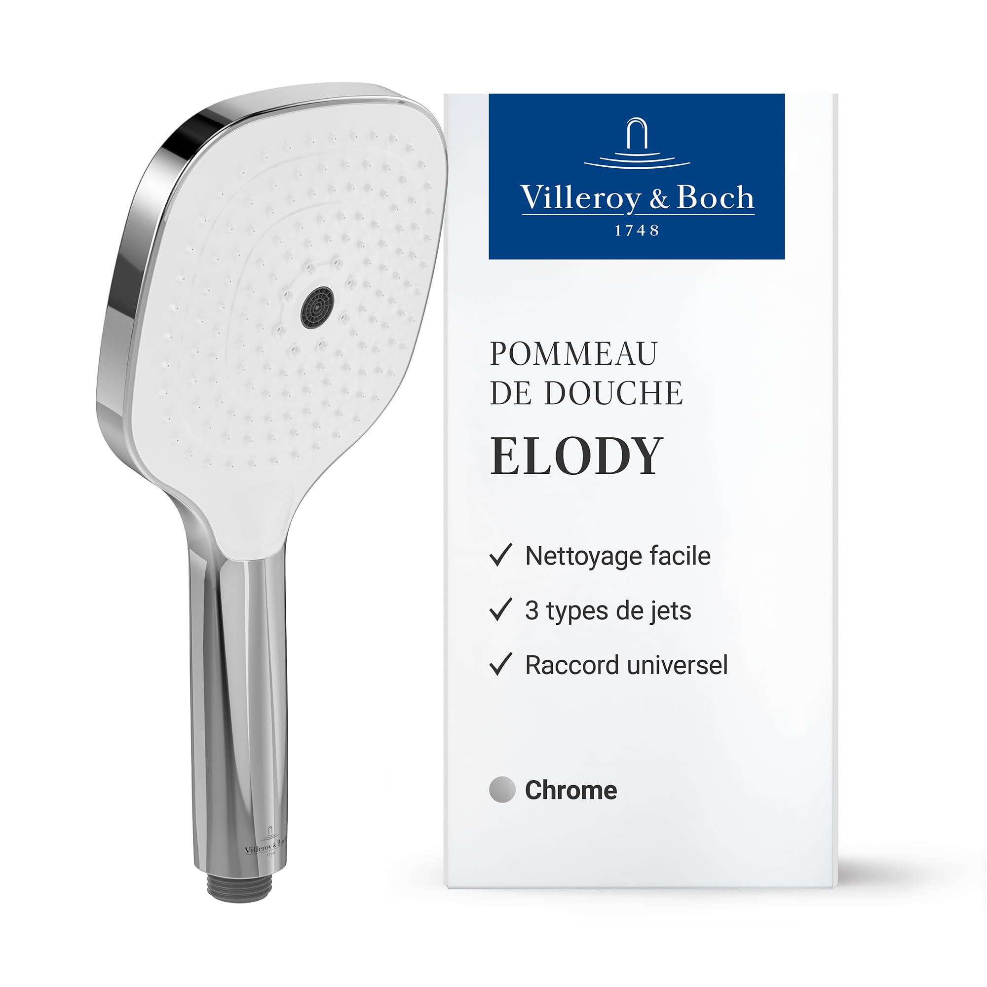 Douchette angulaire Elody Villeroy et Boch raccord universel trois jets commutables
