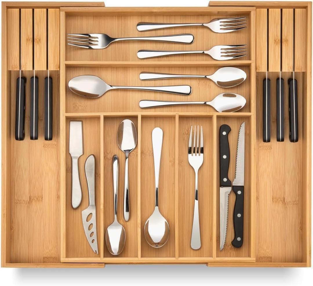 Schubladen-Organizer aus Bambus, erweiterbarer Schubladen-Organizer, Utensilienhalter und Besteckkasten, verstellbare Holz-Schubladenteiler für Besteck, Messer (9 Fächer)
