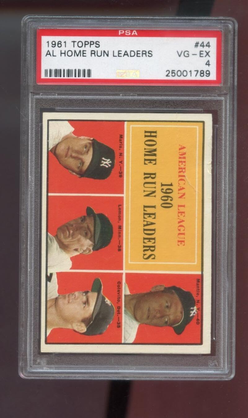 1961 Topps #44 AL American League Home Run Leaders Mickey Mantle Roger Maris Lemon Rocky Colavito PSA 4 Graded Baseball Card MLB A.L.