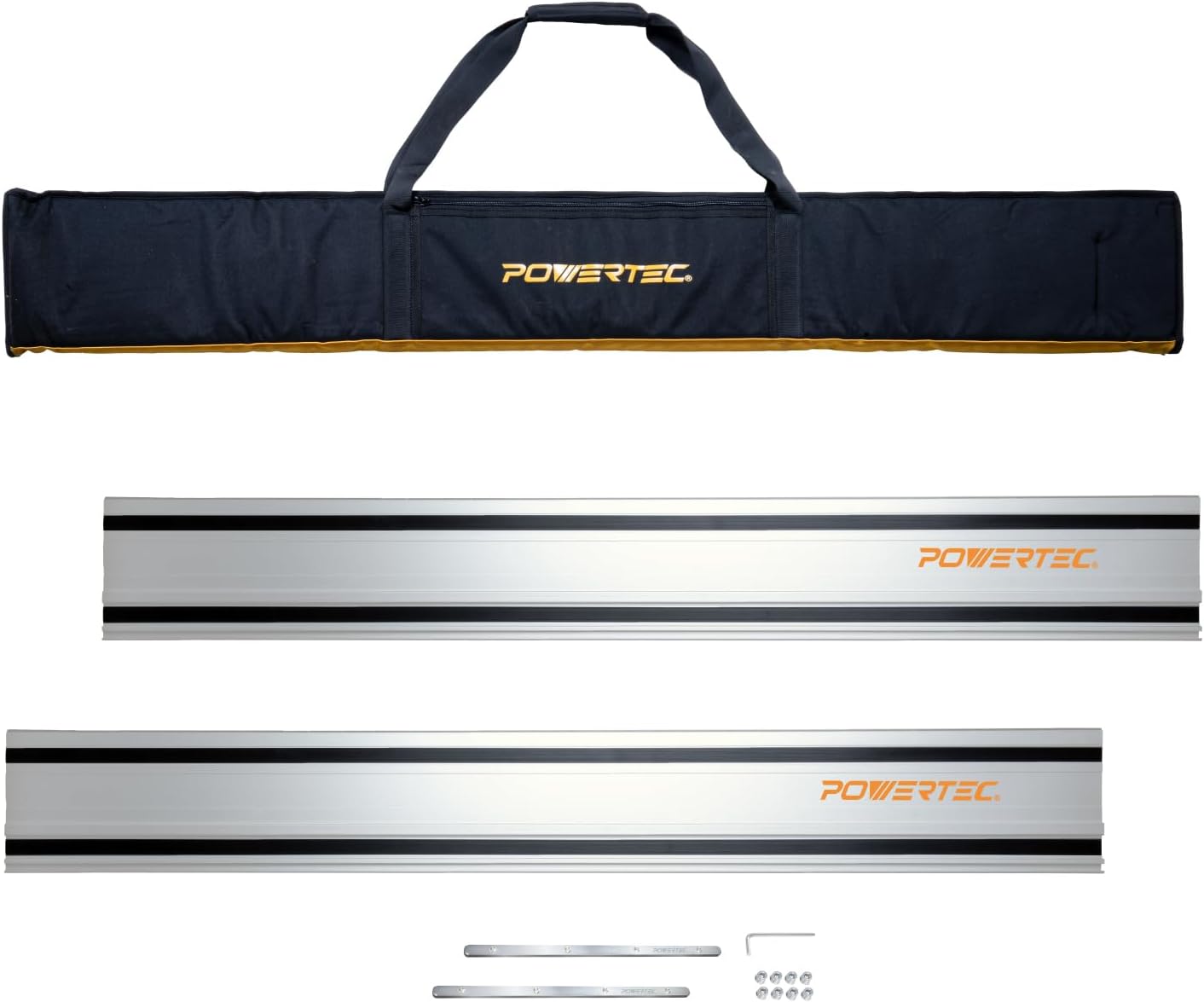 POWERTEC 110" Track Saw Guide Rail Connector Set w/Protective Bag for Milwaukee Track Saw | Includes 2x55" Aluminum Extruded Guide Rails and (2) Guide Rail Connectors for Woodworking Projects