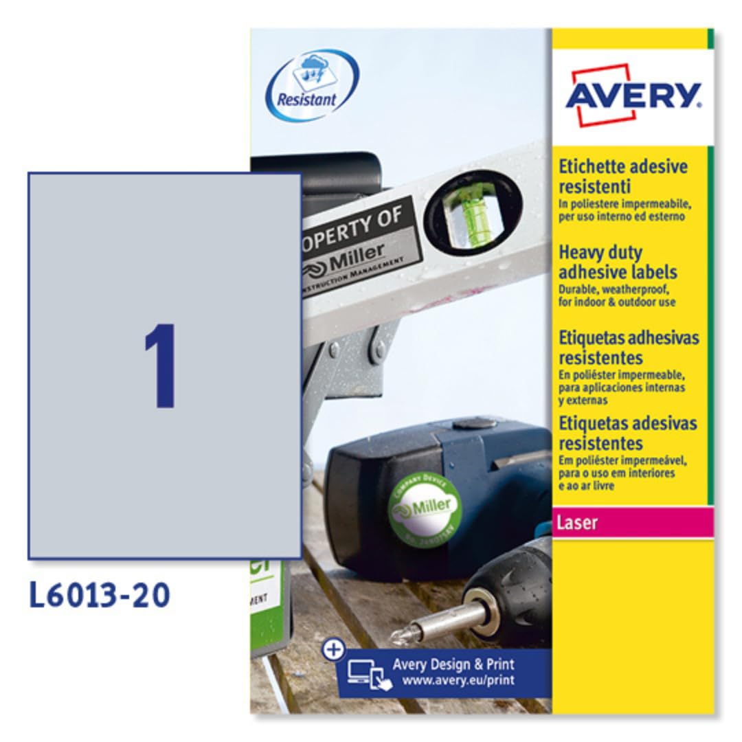 Avery España L6013-20 Etiquetas adhesivas poliéster plata resistente, 20 hojas A4, rectangulares 210x297mm, 1 etiqueta por hoja, adhesivo permanente, impresoras láser