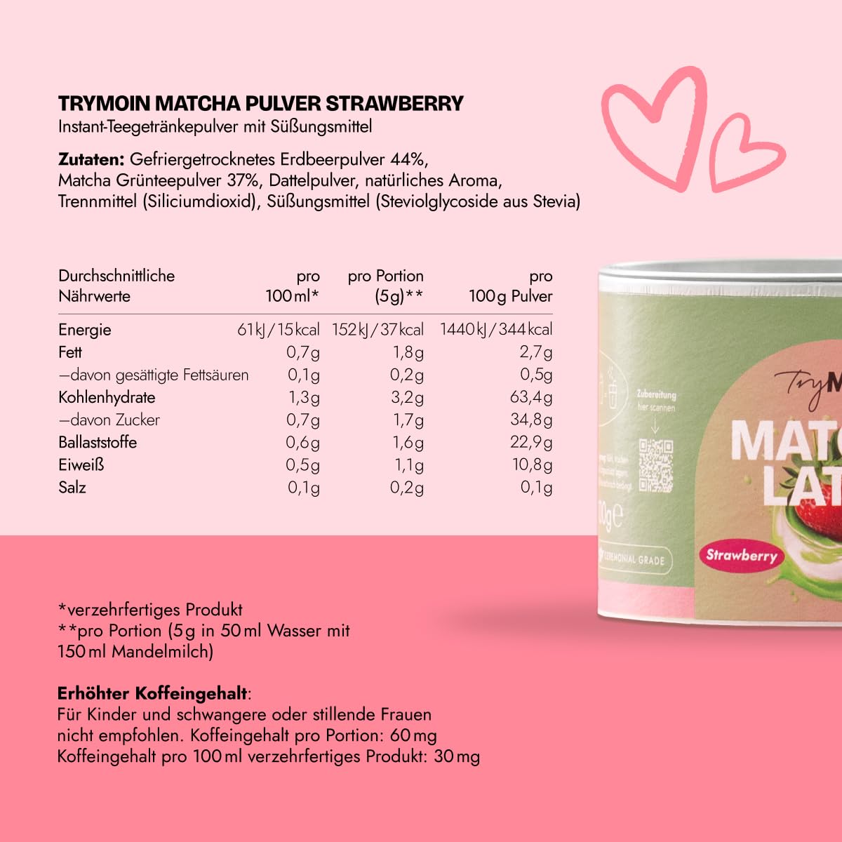 TryMOIN - Strawberry Matcha - Ceremonial Grade Matcha Pulver aus Japan, mit echten Erdbeeren, Dattel & Stevia, für Iced Matcha Latte mit Erdbeergeschmack - 20 Portionen