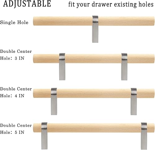 Miniatura 3 de Manijas de madera y plata para gabinete, 10 piezas ajustables de doble agujero de 3 a 5 pulgadas, perillas de metal moderno para aparador, manijas