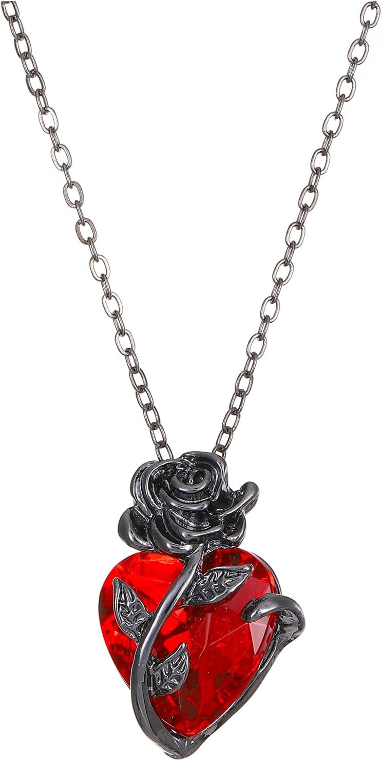 KURTCB Goth Rose Heart Pendant Necklace Earrings Gothic Emo Grunge Vampire Black Rose Necklace for Women Men Halloween Costume