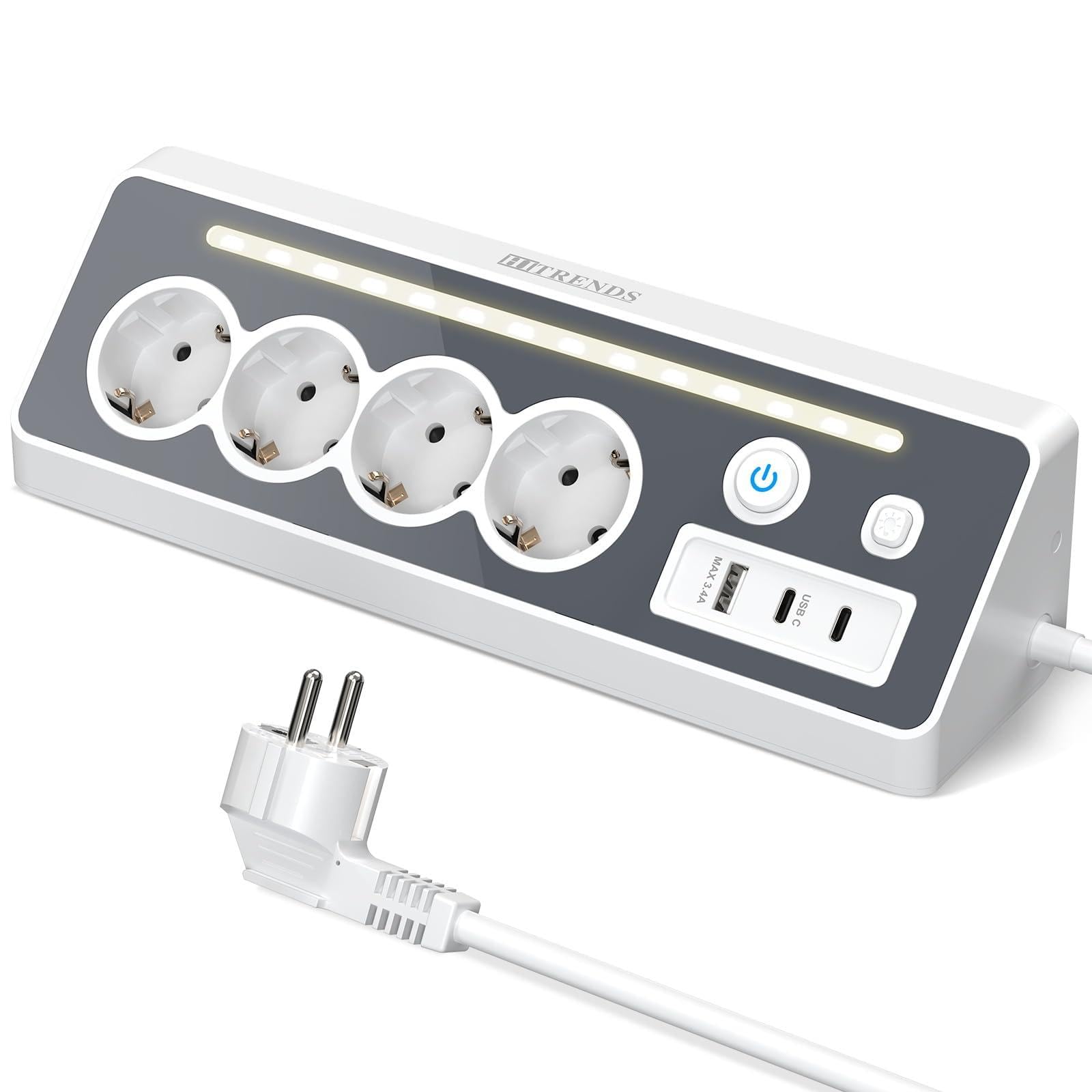 Narożne gniazdko wtykowe z USB i 2 gniazdami typu C, 4 gniazda wtykowe z przełącznikiem i diodami LED, listwa zasilająca z przedłużaczem 2 m, do biurka, narożników, kolor biały