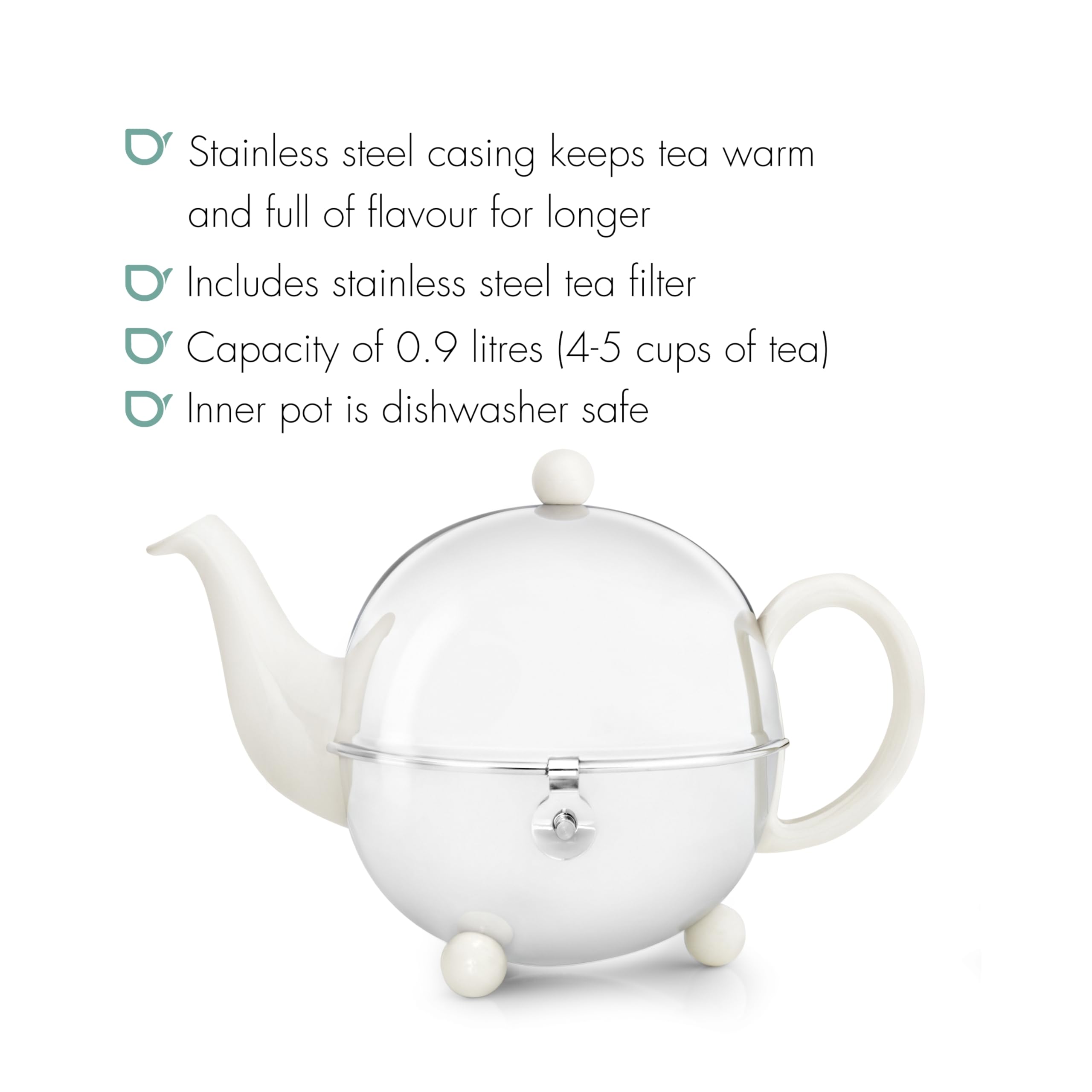 Schöne weiße Teekanne Cosy 0,9 Ltr. mit isolierendem Edelstahlmantel poliert von Bredemeijer inkl. Teefilter (für losen Tee) 1301W (Z161)