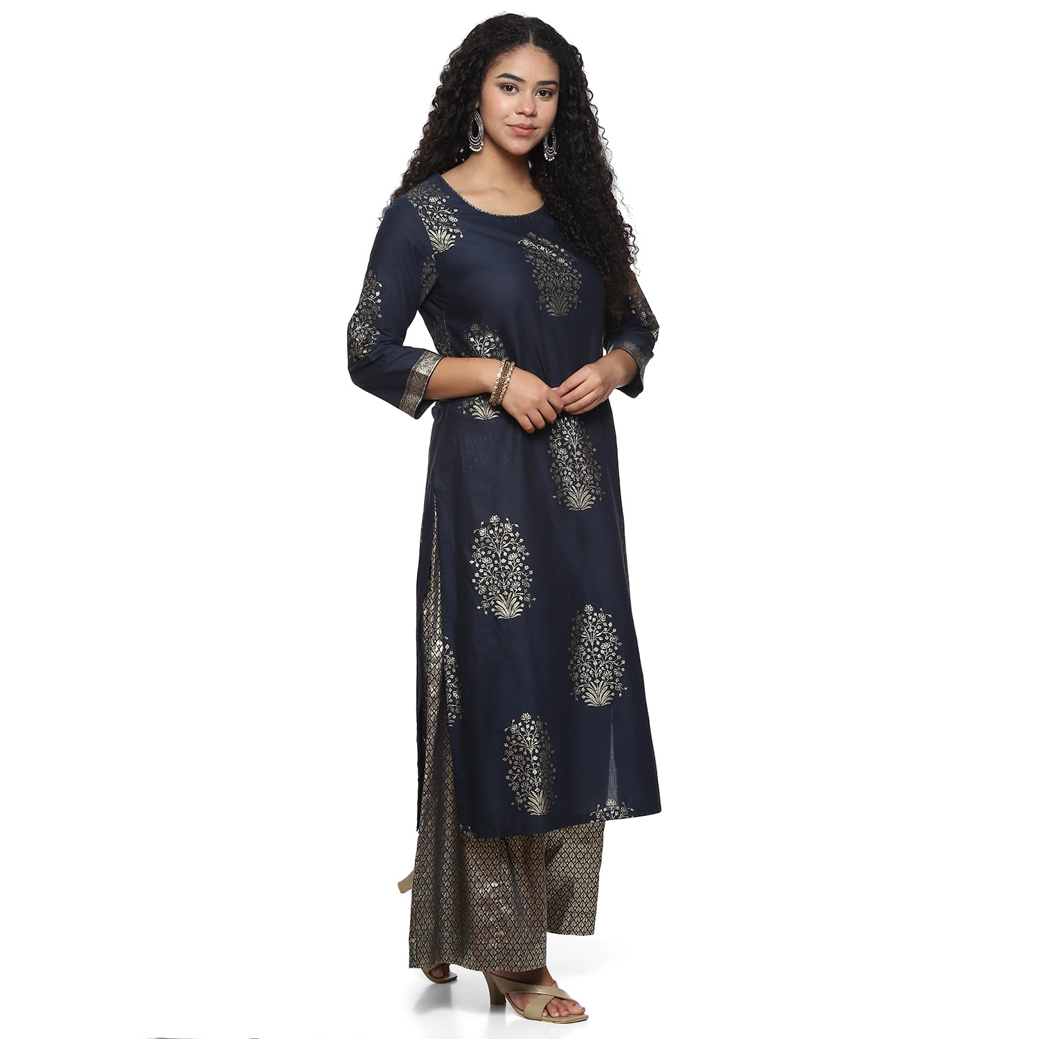 Biba Women Cotton Printed Straight Salwar Kurta Dupatta(Skdassorted7074E_Navy Blue_32) 1