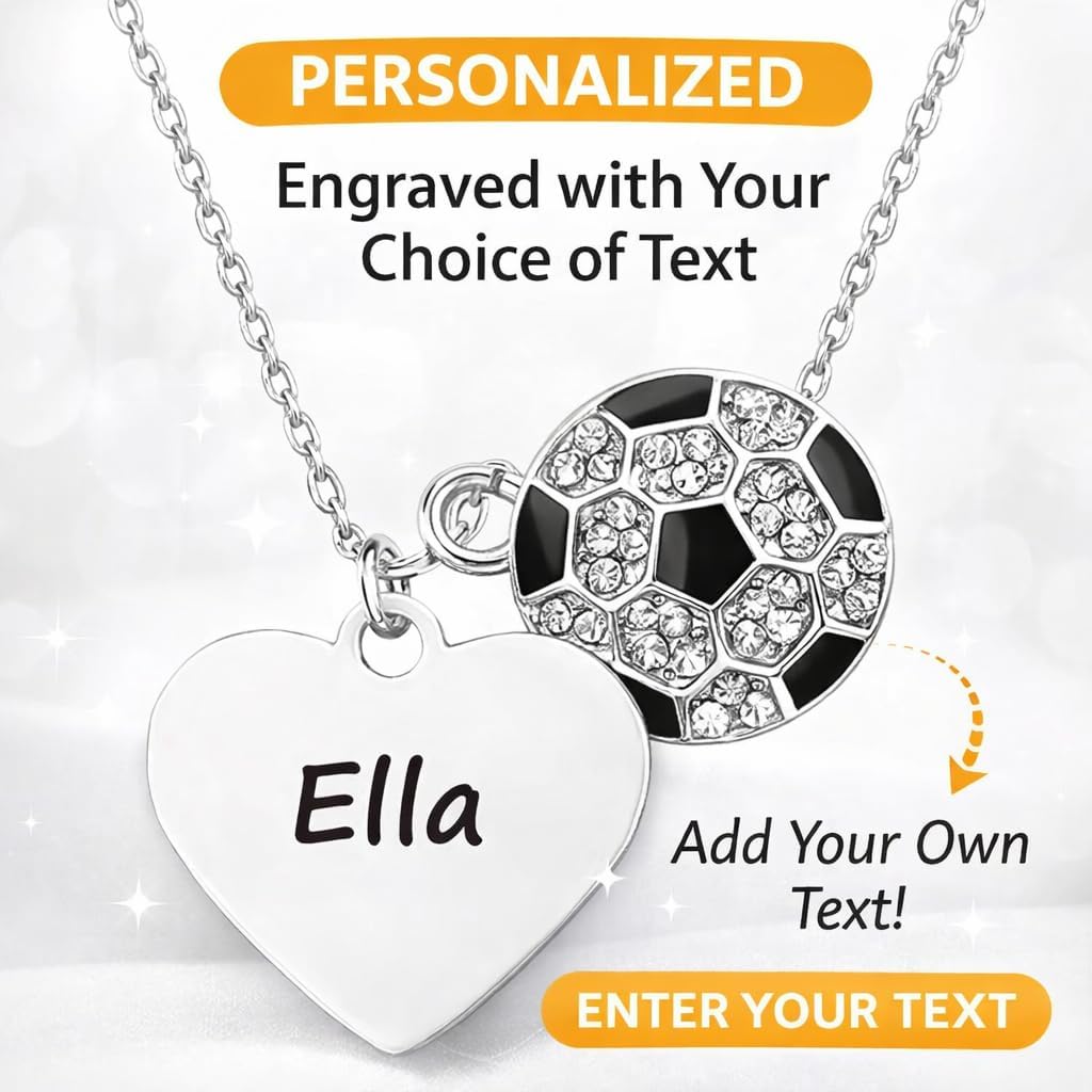 Personalized Soccer Necklace with Name Heart Charm, Silver Plated Soccer Ball Pendant on Stainless Steel Chain, Custom Soccer Jewelry Gift for Girls, Teens, and Players
