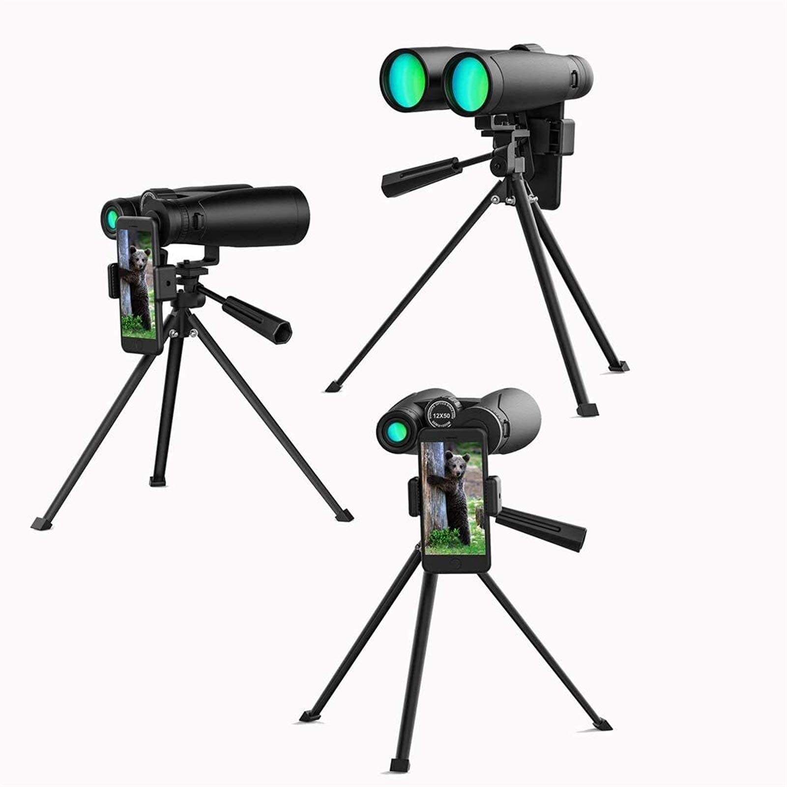 Lornetka 12x50 dla dorosłych z nowym adapterem fotograficznym do smartfona, noktowizorem przy słabym świetle Łatwe ustawianie ostrości, wodoodporna lornetka