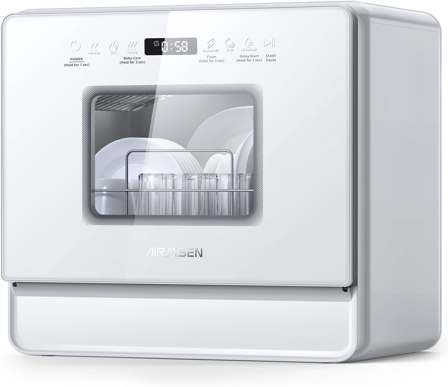 AIRMSEN Countertop Dishwasher Complete 2-Level Rack, Compact Dishwashers with 5.2L Built-in Water Tank, 3-Spray Arms & 12H Delay Start, No Hookup Needed, A01,Glossy