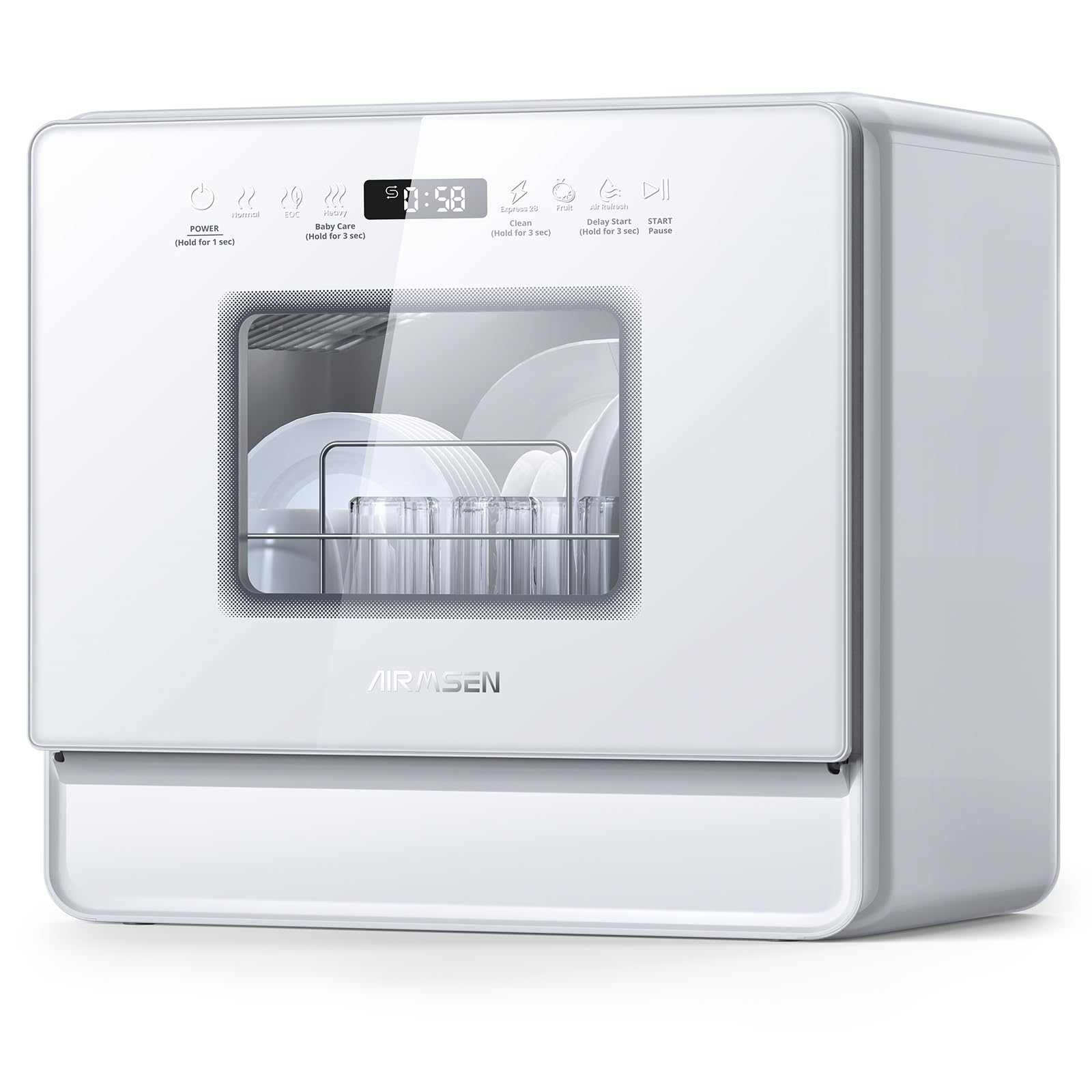 AIRMSEN Countertop Dishwasher Complete 2-Level Rack, Compact Dishwashers with 5.2L Built-in Water Tank, 3-Spray Arms & 12H Delay Start, No Hookup Needed, A01,Glossy