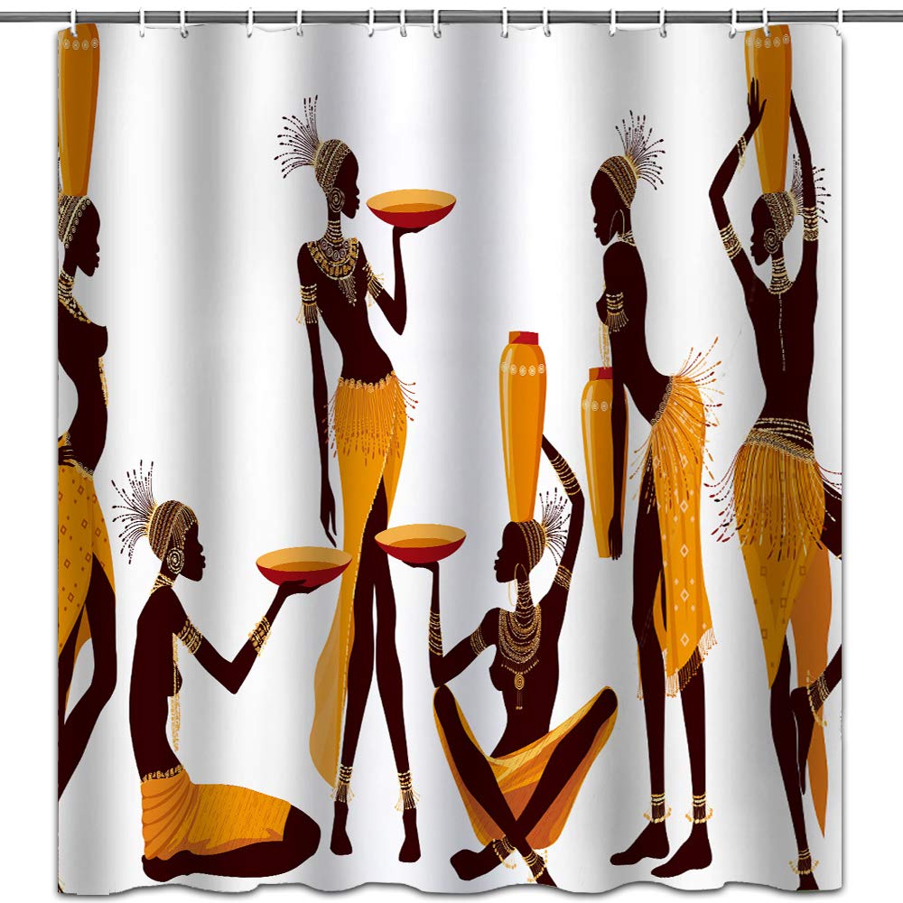 hipaopao African Shower Curtains Afro Women Black Girl Theme Cloth Fabric Shower Curtain Sets Bathroom Decor with Hooks Waterproof Washable 72 x 72 inches Yellow Brown