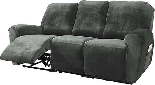 Miniatura 8 de NORTHERN BROTHERS Fundas de terciopelo para sofá reclinable de 8 piezas de 3 plazas, funda elástica para sofá reclinable, funda gruesa y suave, Gris