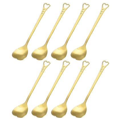 uxcell 8Pcs Heart Shape Spoons Stainless Steel 5.7 Inch Dessert Spoons Coffee Spoon Teaspoon Stirring Spoon for Tea Sugar, Gold