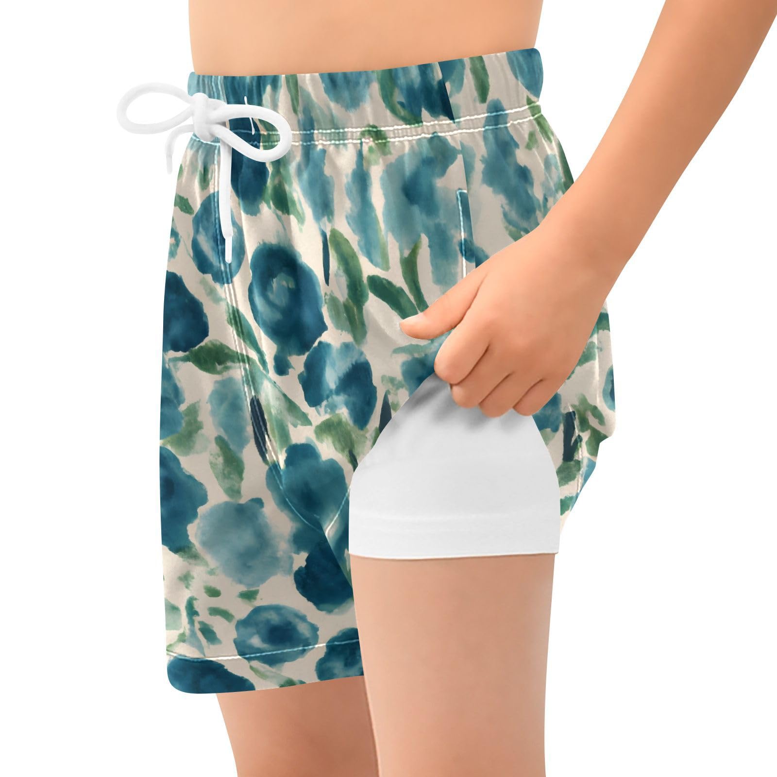 YANENDIE Boy Swim Trunks with Compression Liner Dark Blue Cream Flowers Boys Swim Shorts Quick Dry Beach Shorts
