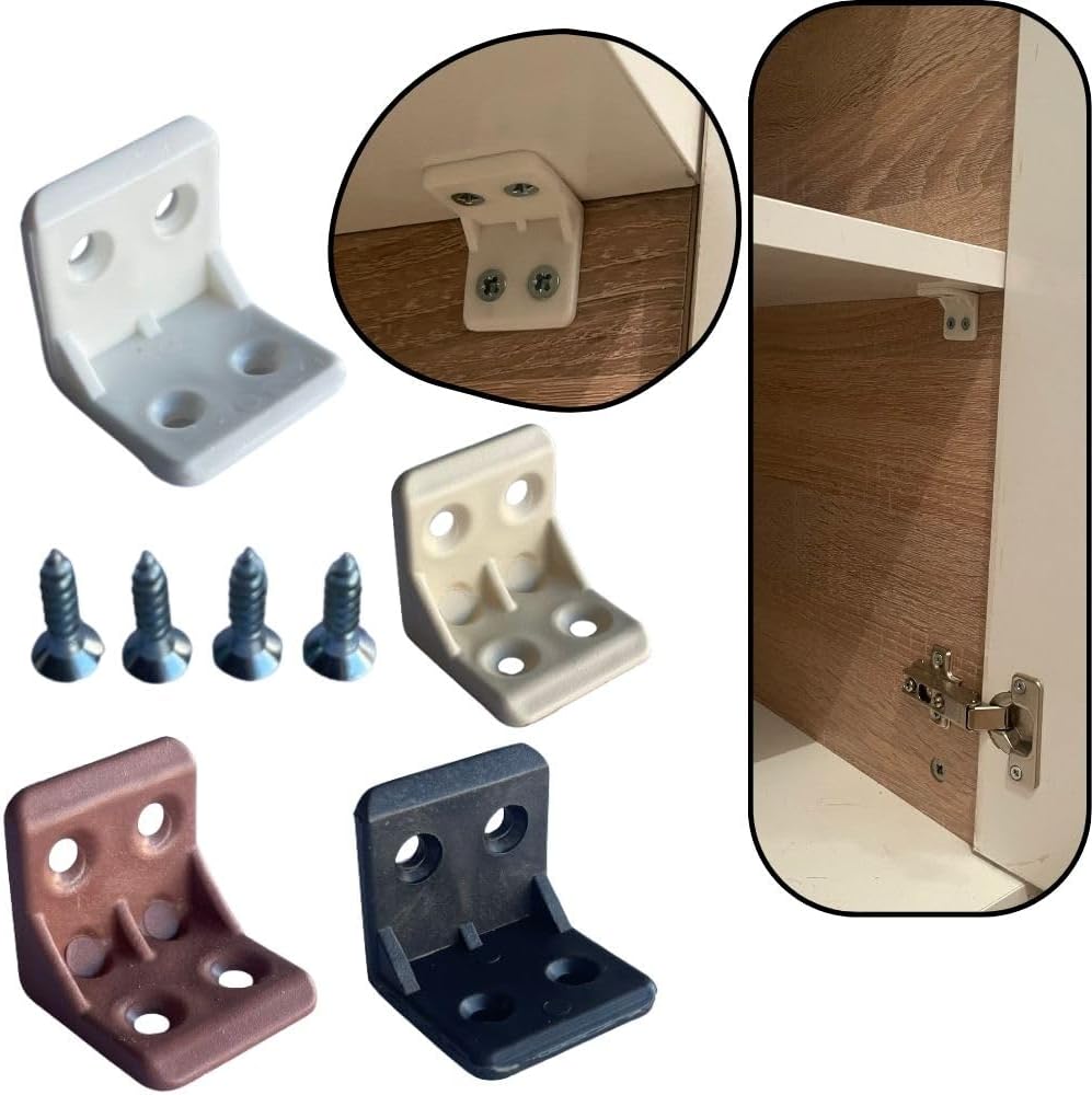 Plastic L Brackets for Braces Joint 90 Degree Angle Corner with Screws, 4 Hole Furniture Corner Small Braces for Drawers, Kitchen,Bathroom Cabinets, 10 Pieces Brackets with 40 PCs Screws (White-10PCs)
