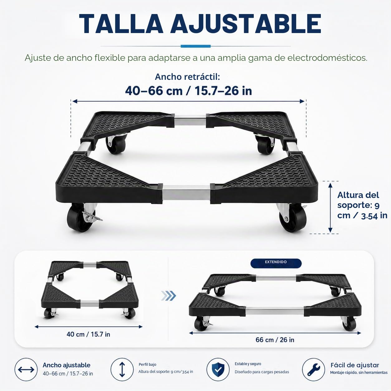 Soporte para lavadora con ruedas, soporte móvil para frigorífico, soporte ajustable para lavadora, base ajustable de 40 a 66 cm, para secadoras, frigoríficos