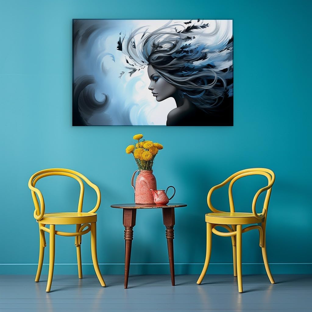 Canvas for Living room. Whispers of the Azure Dream: A Woman's Ethereal Portrait Amidst Swirling Blue Serenity, 27 x 18 inch Canvas Wall Art - Contemporary Masterpieces - Inspirational Office Decor