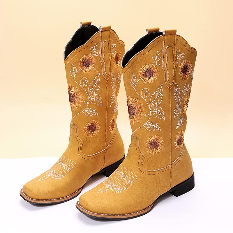 HINDOLA Cowboy Boots for Women Mid Calf Cowgirl Western Boots Sunflower Embroidery Stitched Square Toe Low Heel Wedding Boots4