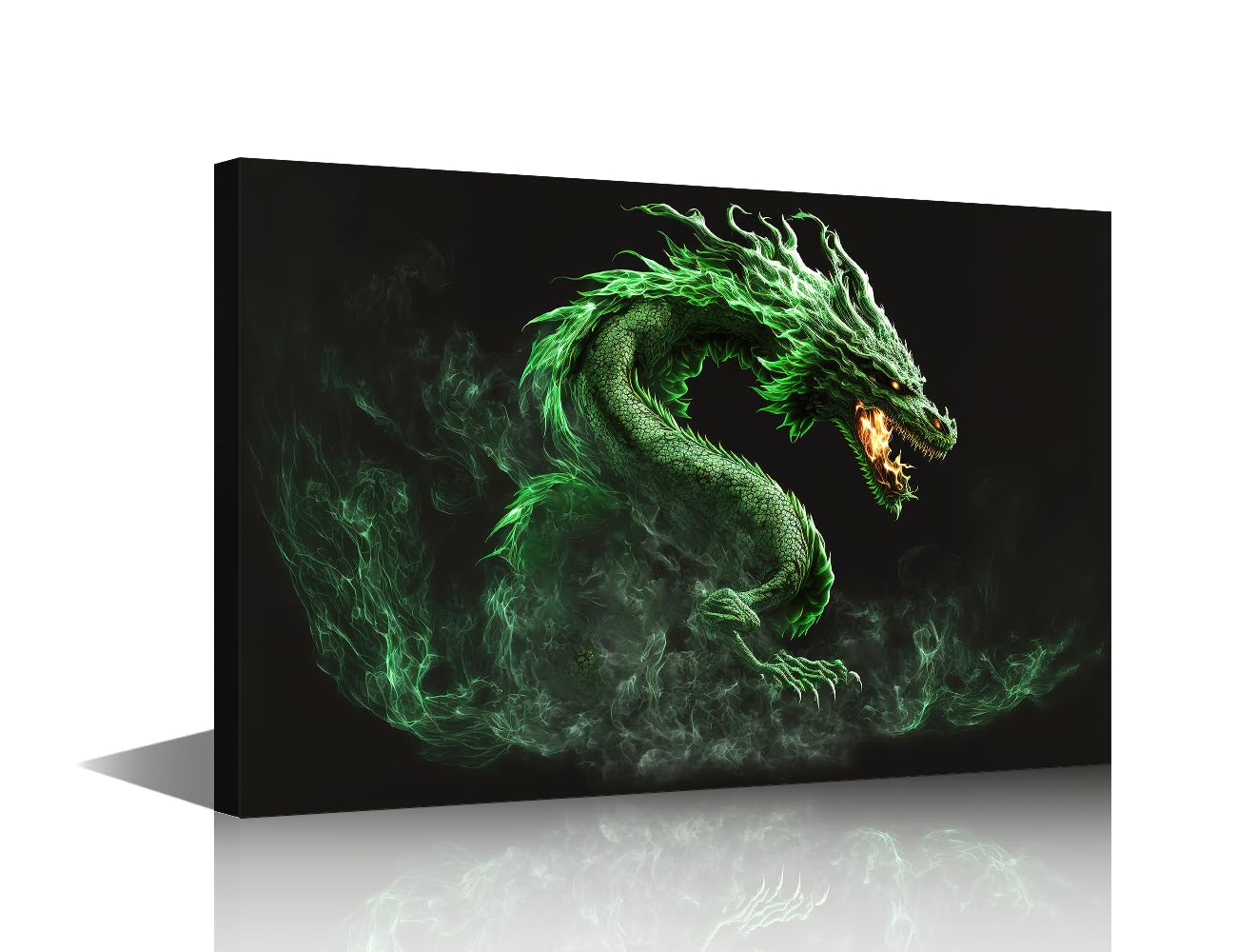 TISHIRON Canvas Wall Art for Bedroom Firedragon Wall Art for Living Room Green Dragon Wall Art Decor Medieval Fantasy Modern Artwork for Home Walls Giclee Framed Ready to Hang 24x16in