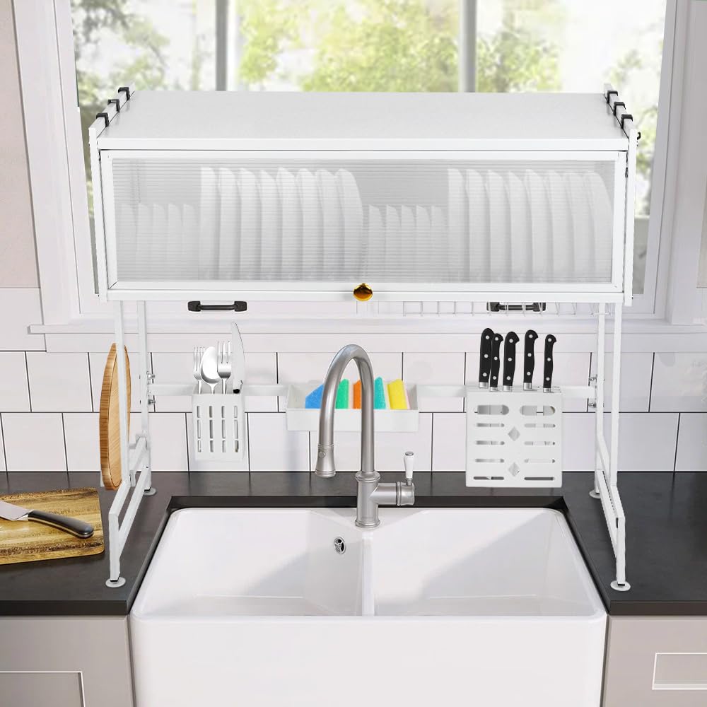 OHMG Égouttoir à Vaisselle au-Dessus de l'évier à 3 Niveaux Antirouille,Séchoir à Vaisselle,avec Porte-ustensiles et Support pour Planche à découper pour Rangement et Organisation de Cuisine