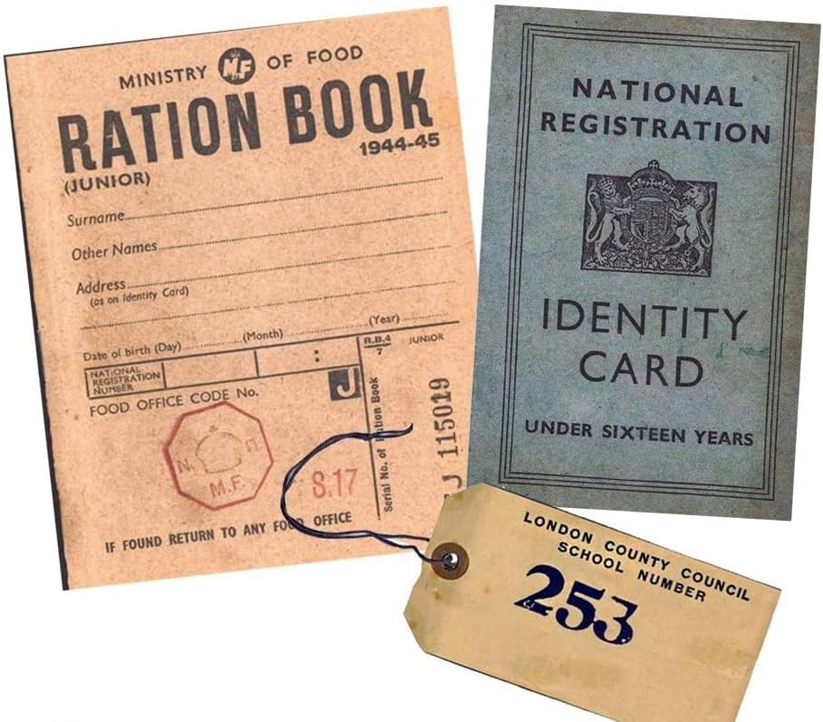 WW2 Replica Ration Book, Evacuee Tag and Children's Identity Card x 10
