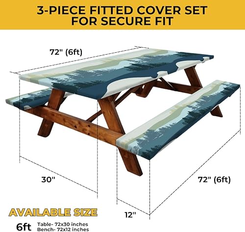 Miniatura 39 de RNOONY Funda de mesa de picnic de poliéster de 8 pies con fundas de banco, resistente al viento y al agua, perfecto para regalos de campamento