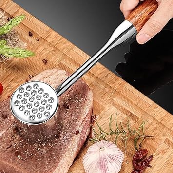 Meat Tenderizer Hammer Mallet Stainless Steel Wood Handle Meat Pounder Flattener for Chicken Conch Veal Cutlets Beef Steak