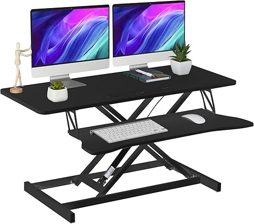 Vista 11 de Convertidor de escritorio de pie ajustable de 38 pulgadas, monitor doble y elevador para laptop con bandeja ancha para teclado, estación de trabajo