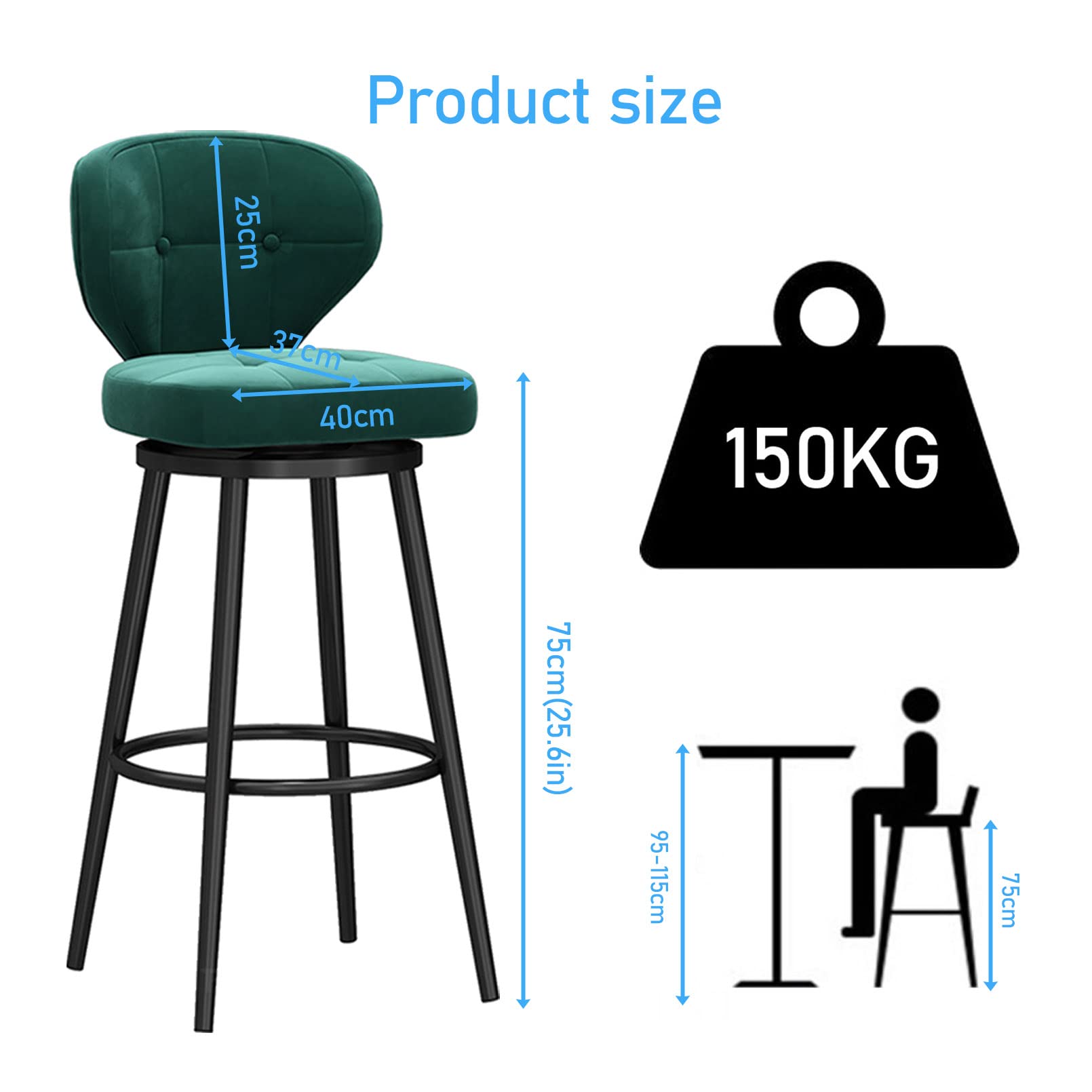 LUUYYI Moderno sgabello da bar girevole in velluto bianco con schienale basso e gambe in metallo nero, altezza da banco, sedia da cucina per la colazione a casa, set da 1 (verde, 3 pezzi)