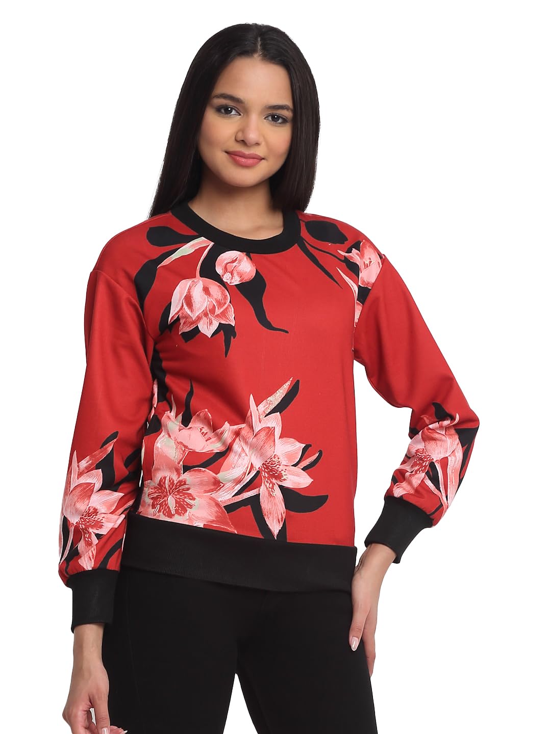 Red Round Neck Printed Long Sleeves Sweatshirts for Women-image-41