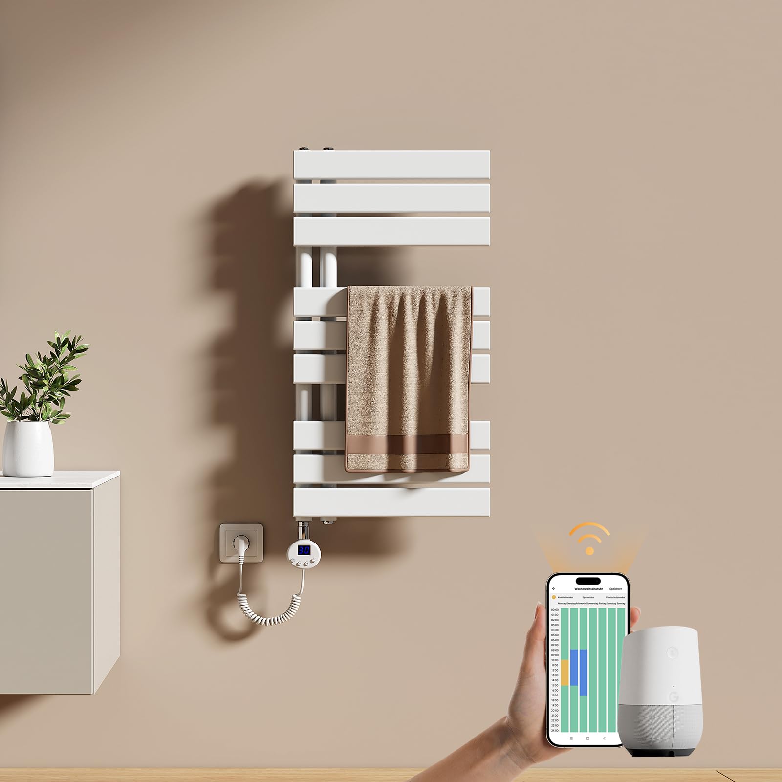 EMKE Sèche-Serviettes Électrique avec WiFi Thermostat 76 x 40 cm Blanc | Sèche-Serviettes Électrique avec Support De Serviette Inclus Résistance Chauffante avec Minuterie, 400 Watt