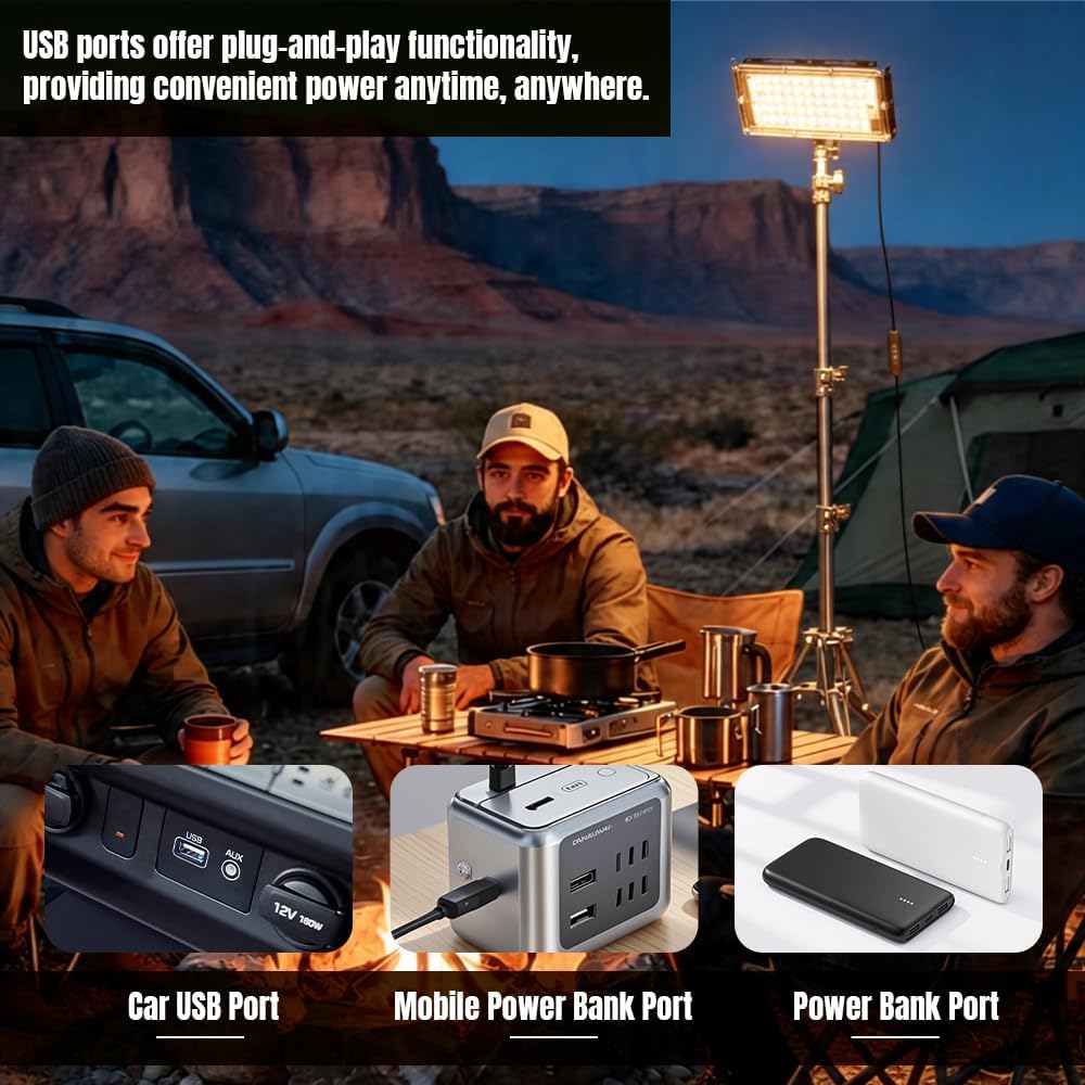 USB Camping Light,4-Section Telescopic Tripod LED Work Light with 3 Color Temperatures & Timer,Portable Emergency Lighting for Outdoor Fishing,Power Outage,Home Workshop
