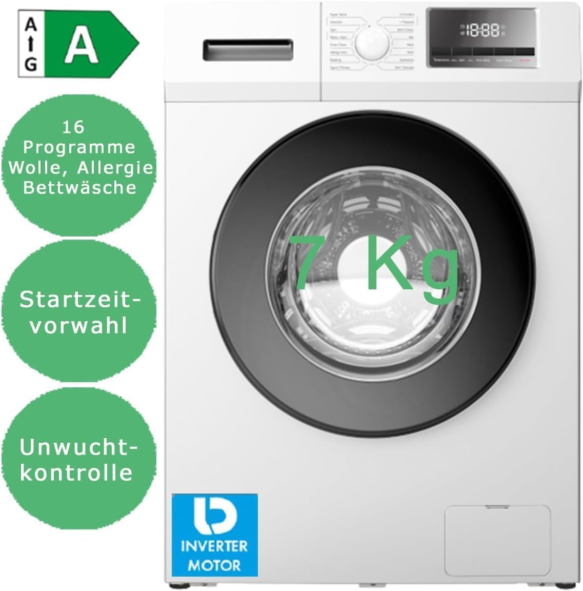 PKM WA7-ES1416DAI 7kg Frontlader Waschmaschine, 60 cm breit, 1400 U/Min, Kindersicherung, Energiesparfunktion, weiß