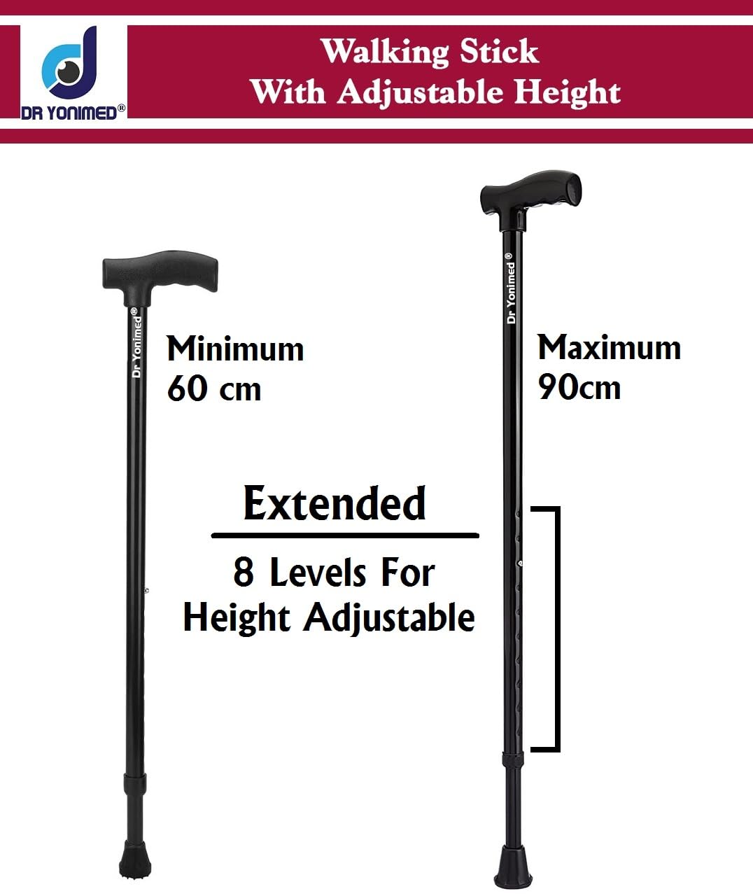 Dr Yonimed Walking Stick Premium (Black) Height Adjustable Single Leg L-Shaped (for Men/Women/Old People/Handicap Person) Made of Alloy Steel (Light Weight) 1