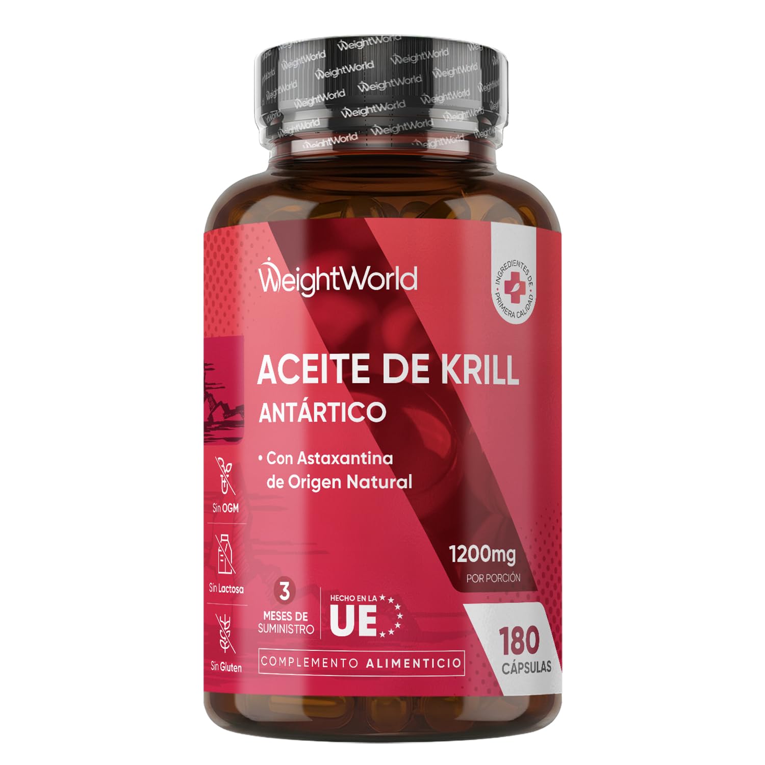Aceite de Krill Omega 3 del Antártico 1200mg, 180 Cápsulas Blandas de Fuente de Omega 3 de Krill (DHA y EPA) - Astaxantina Natural y Fosfolípidos Marinos, Alternativa al Aceite de Pescado para 3 Meses