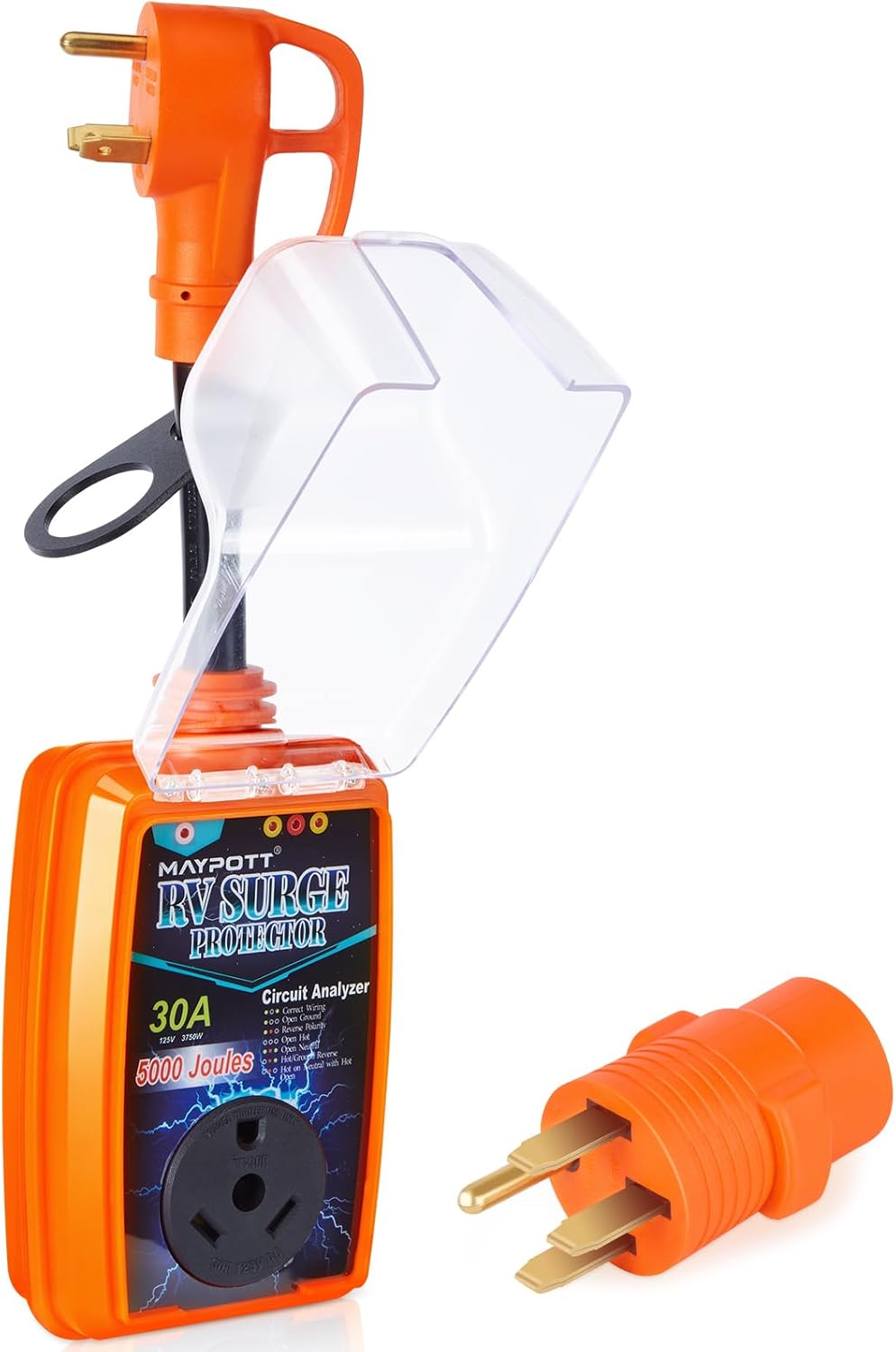 30 Amp RV Surge Protector with 50A to 30A Conversion Adapter - Full Circuit Analysis, Waterproof Cover, and Enhanced Safety for Power Protection in RVs, Campers, and Trailers
