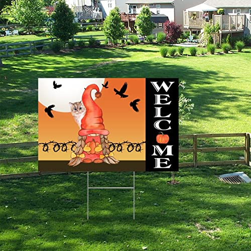 Junelucky Farmhouse Decorative Yard Sign 12X18 Inch Welcome Halloween Pumpkin Gnomes Cat Bat Waterproof Corrugated Plastic Yard Sign With H-Stakes Decorations For Lawn Garden Yard Home Outdoor Party #TOP6