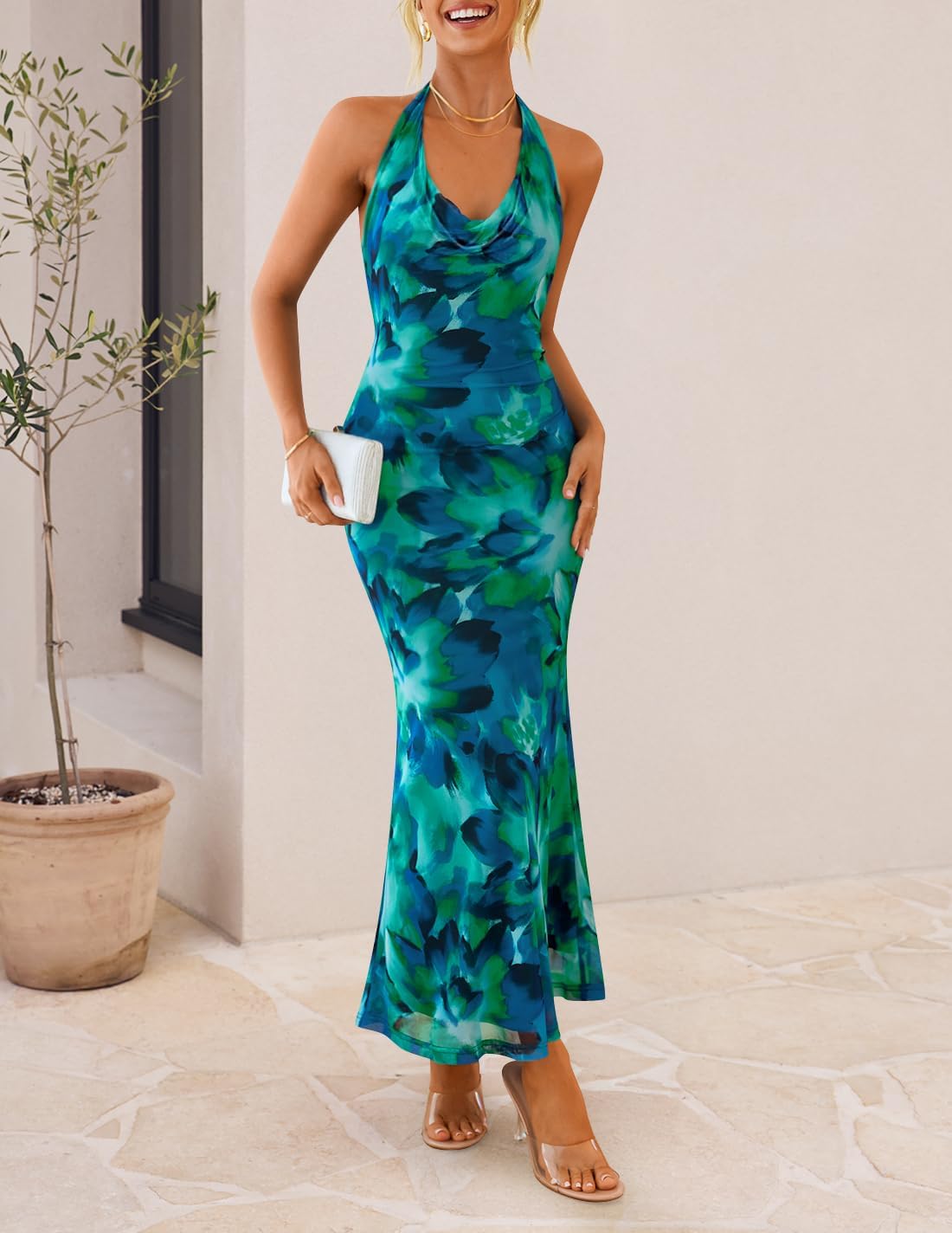 ZESICA Women's 2026 Summer Halter Neck Floral Print Maxi Dress Sleeveless Backless Wedding Guest Party Bodycon Long Dresses - Image 9
