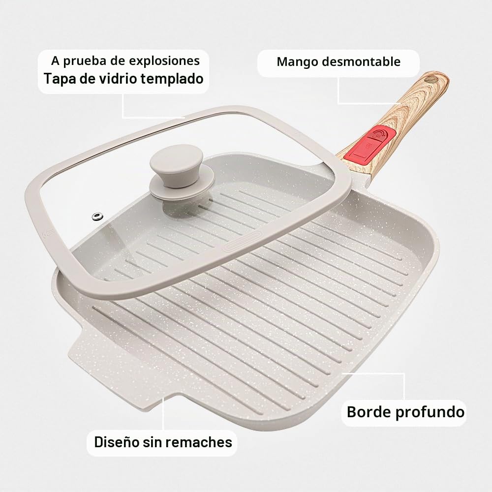 RANX INGST Grill Asador con Rayas con Tapa, 26 x 24 cm Sartén Parrilla de Aluminio Fundido con Mango Extraíble, Revestimiento Antiadherente (Blanco)