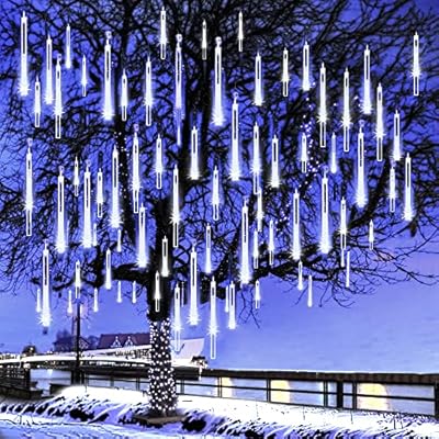 Kordain Christmas Lights Outdoor, Meteor Shower Lights Falling Star Lights 12 inch 8 Tubes 144 LED Icicle Snow Falling Raindrop Lights for Xmas Tree Halloween Holiday Party Decoration, UL Plug, White