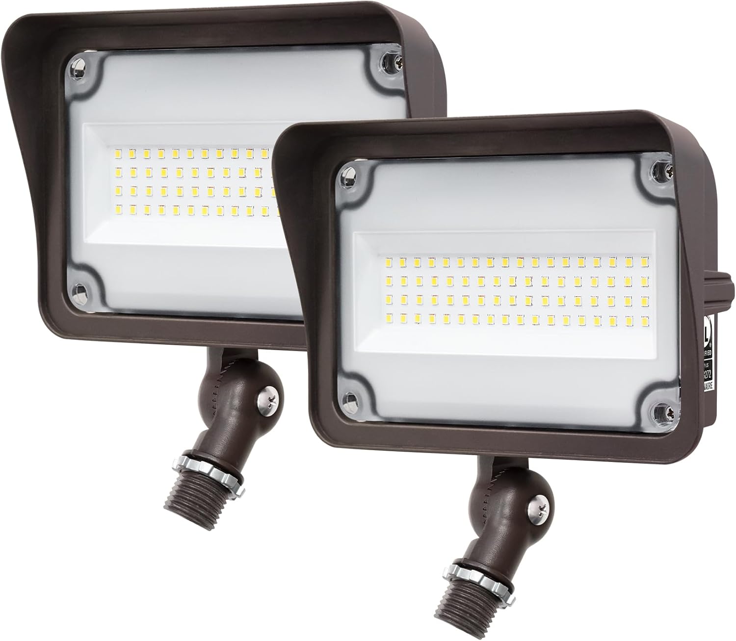 GKOLED 2-Pack 75W LED Flood Lights Outdoor, Dusk to Dawn Security Light, with Anti-Glare Guard, 120V 5000K 8,250LM Waterproof Landscape Lighting, Aluminum, 1/2" Knuckle Mount, UL Listed