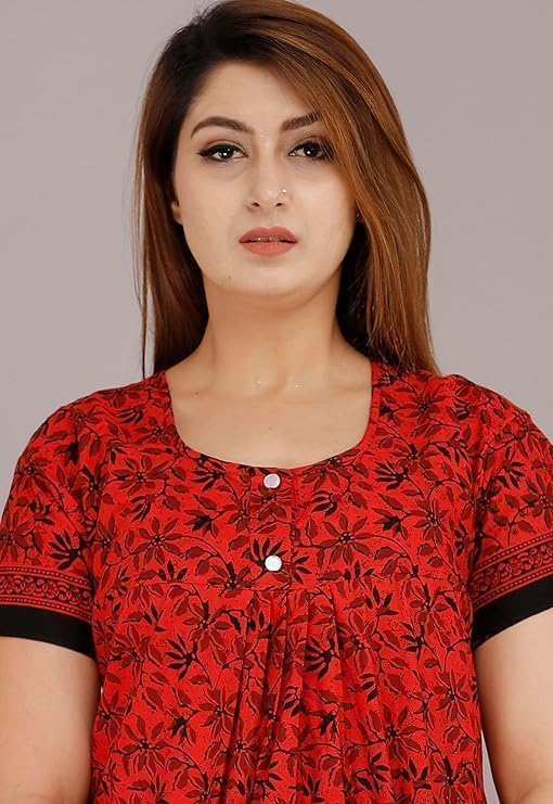 Image of NILOUFO Women's Cotton Printed Maxi Nighty - Pack of 2 | Soft Ankle-Length Sleepwear Gowns for Women | Free Size Night Dresses (Red,Blue, Free Size)