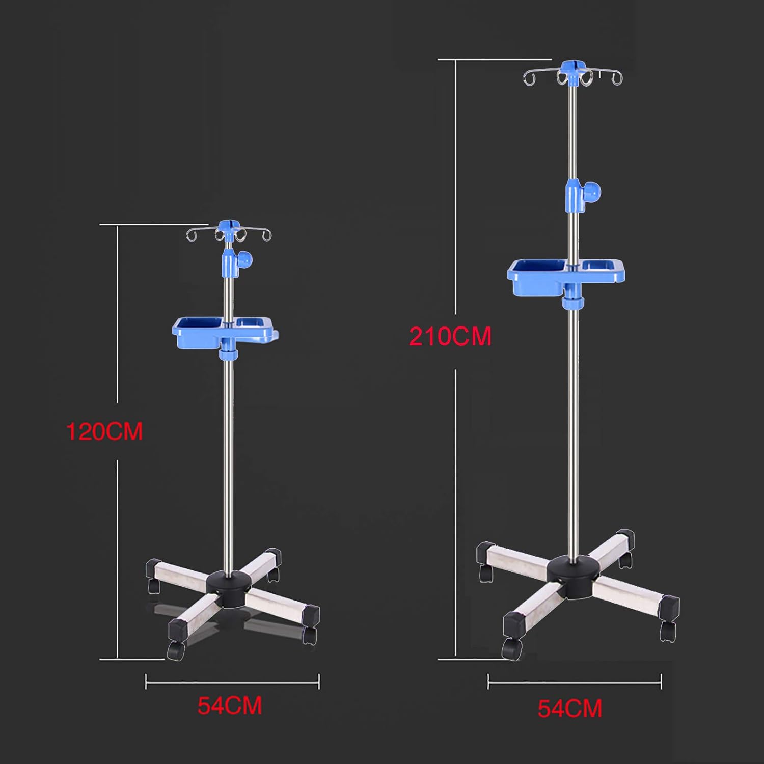 Foldable Infusion Stand, Portable Movable IV Pole, Adjustable Height IV Pole with Wheels, with Tray and 4 Legs and 4 Hooks, for Medical Infusion Stand in Hospital Clinic